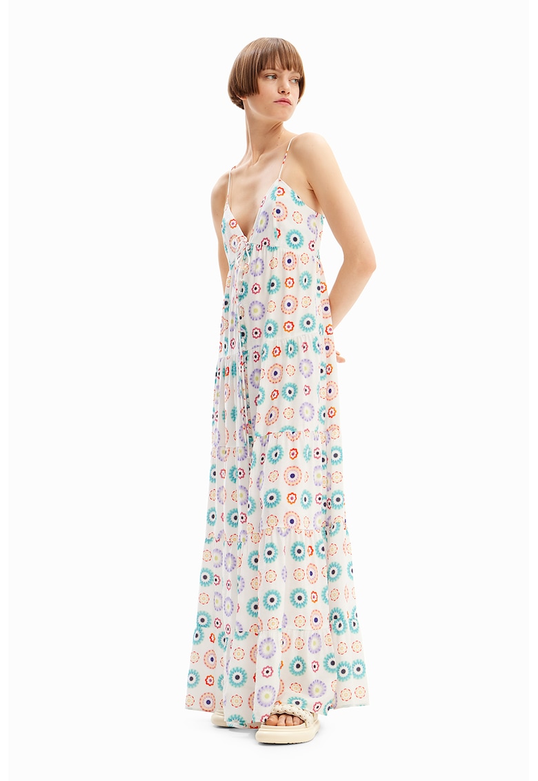 Rochie maxi cu model si decolteu in V - Alb fildes/Violet/Turcoaz