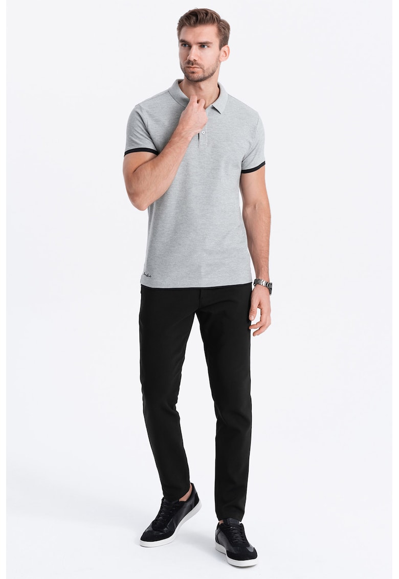 Tricou polo din bumbac pique - Gri deschis melange