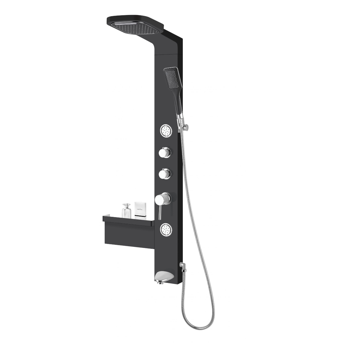Panel de dus Ibiza DG9042, cu hidromasaj, etajera, 1 dispersor fix, 1 dispersor mobil, material corp ABS, negru, finisaj mat si cromat, 37,5 x 52 x 135,7 cm
