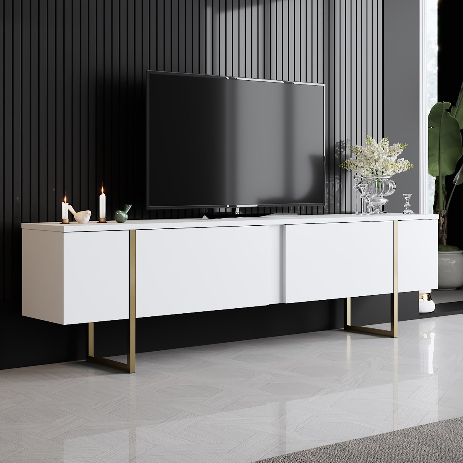 Comoda TV 180 X 30 X 50 Luxe - alb si auriu