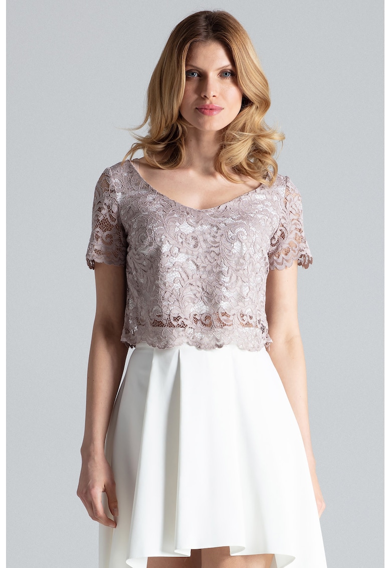 Set bluza si fusta  dantela - asimetrica - bej ecru - poliester 97% - elastan 3%
