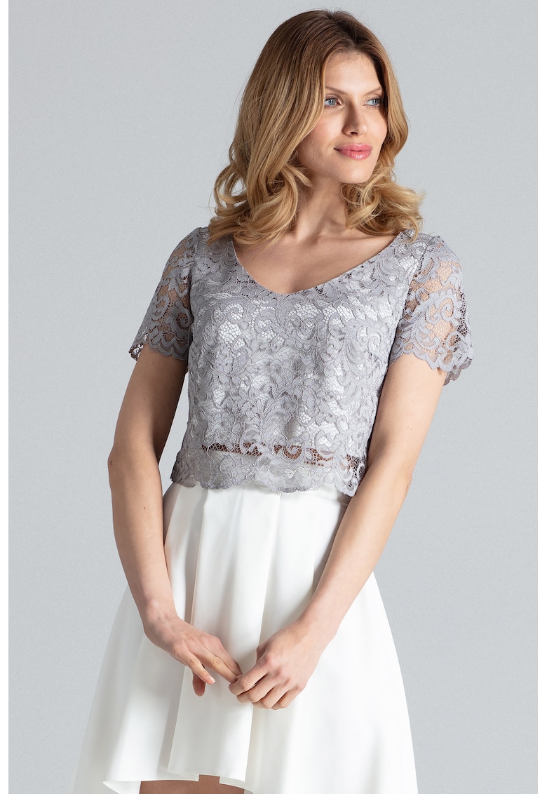 Set bluza si fusta  top din dantela - fusta asimetrica - gri ecru - poliester 97% - elastan 3%