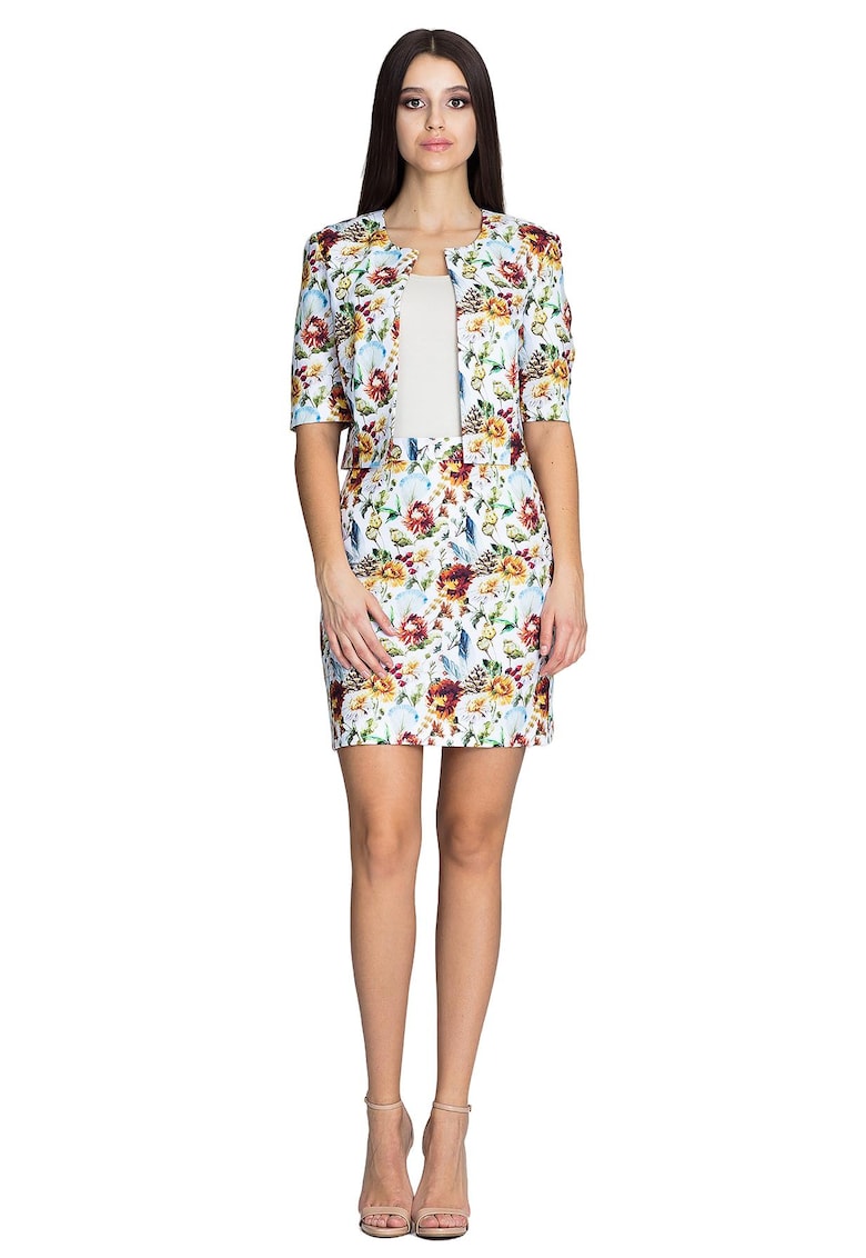 Set sacou si fusta  fusta mini - geaca scurta - alb cu flori -