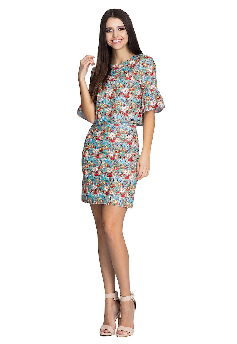 Set floral  bluza cu maneci volane - fusta creion midi - poliester