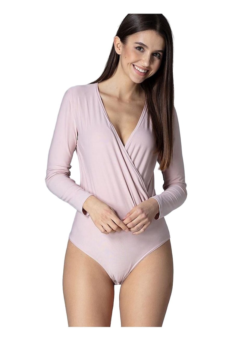 Body  elegant - cu gat si cusatura in talie - roz - poliester 95% - elastan 5% -