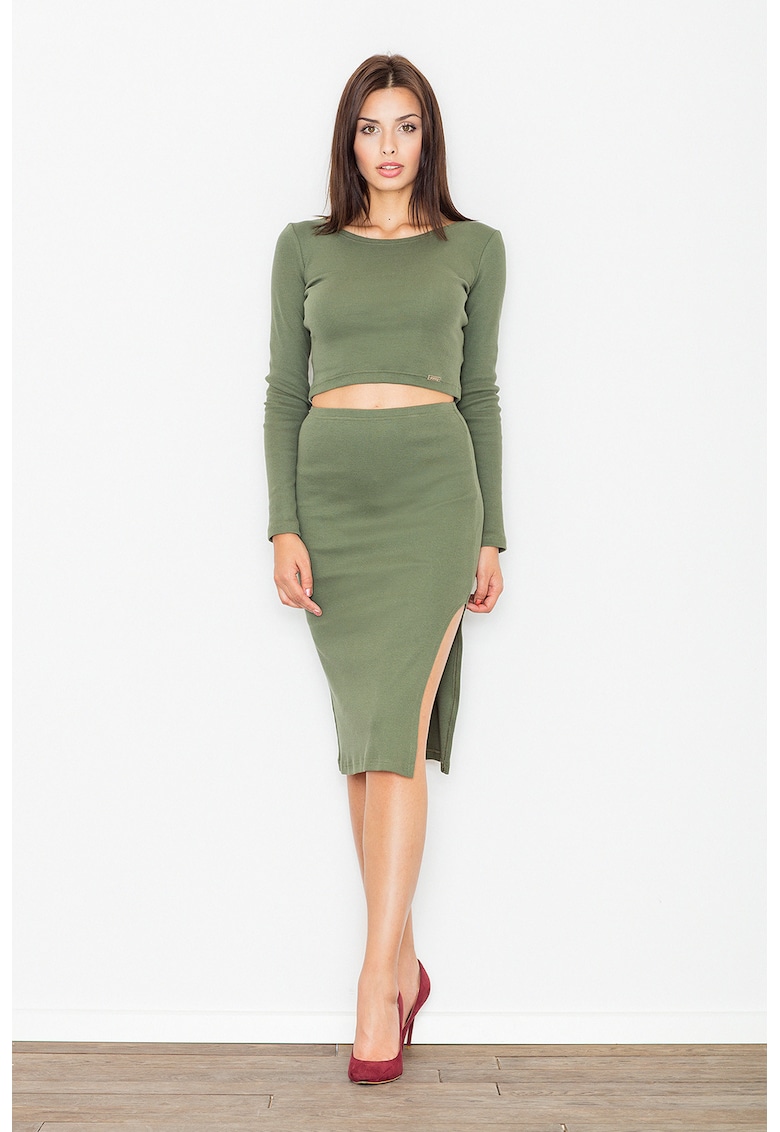 Set elegant dama  crop top si fusta - verde masliniu - bumbac 98% elastan 2%