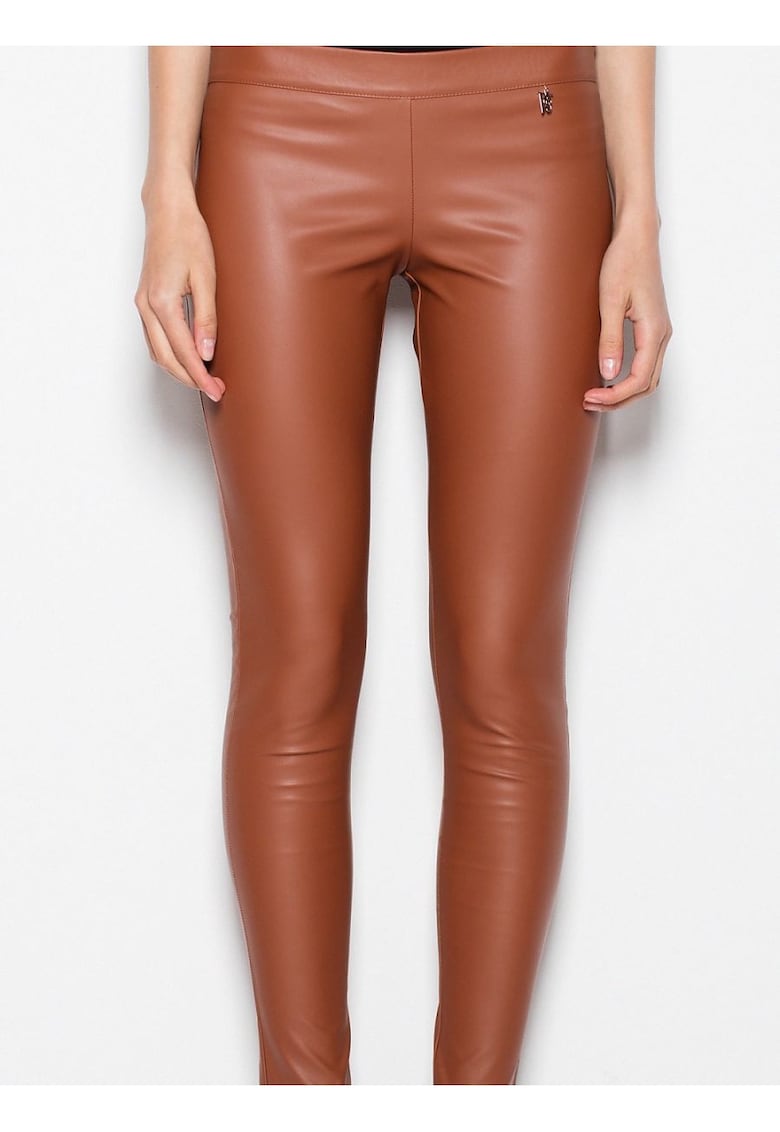 Pantaloni dama -  imitatie de piele - picioare subtiri - maro - poliester -