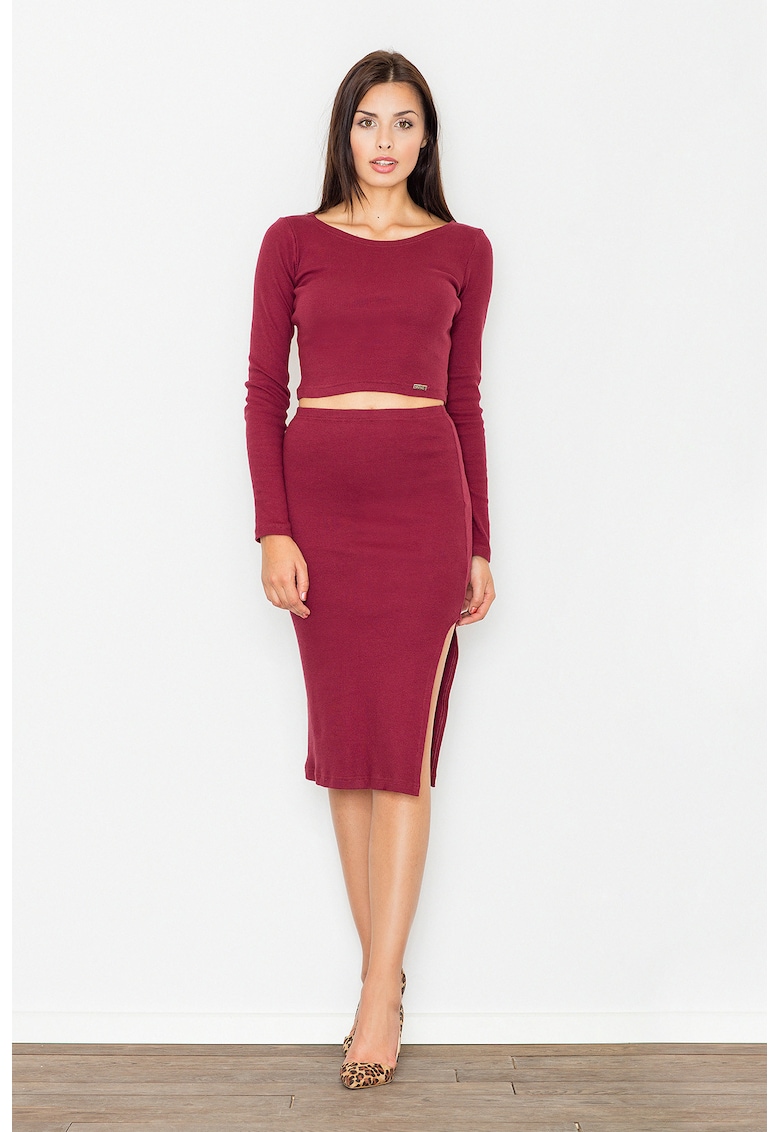 Set elegant  M484 visiniu cu crop top si fusta - din bumbac - confortabil si modern