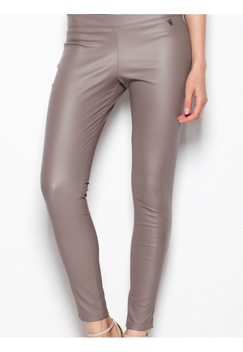 Pantaloni dama  eleganti - bej - imitatie de piele - cu fermoar lateral -