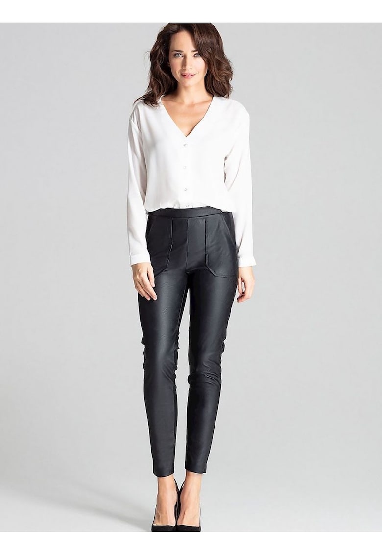 Pantaloni dama -  piele ecologica - buzunare mari - negru