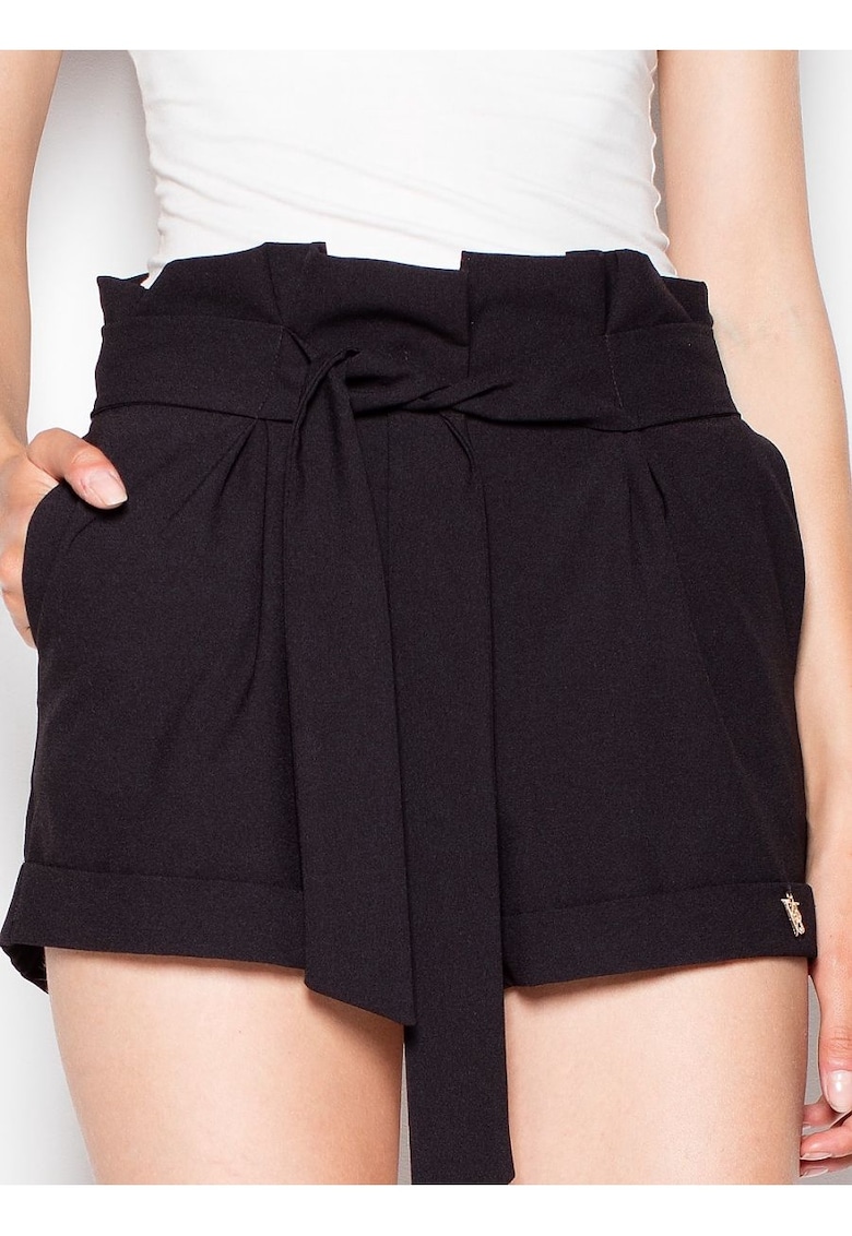 Pantaloni scurti dama  cu talie inalta - buzunare laterale - negru - poliester