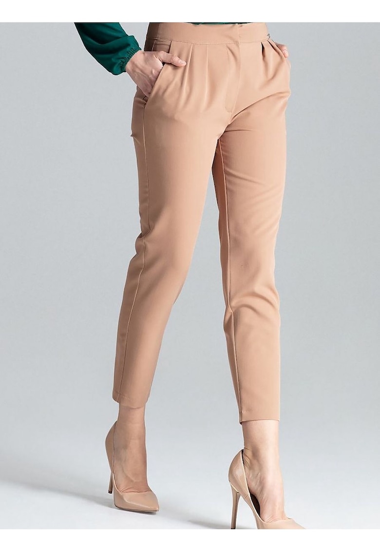 Pantaloni dama  7/8 - cu pliuri - bej - poliester/viscoza