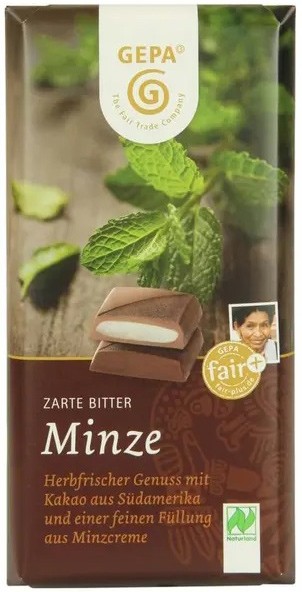 Ciocolata neagra amaruie, delicata, cu crema proaspata de menta, bio si fairtrade, 100g GEPA