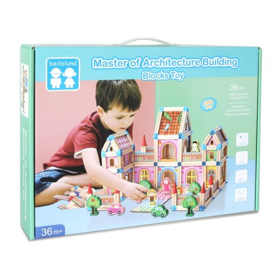 Set de 128 de piese de construit din lemn natural pentru copii, educational si creativ cu diferite ilustratii vesele