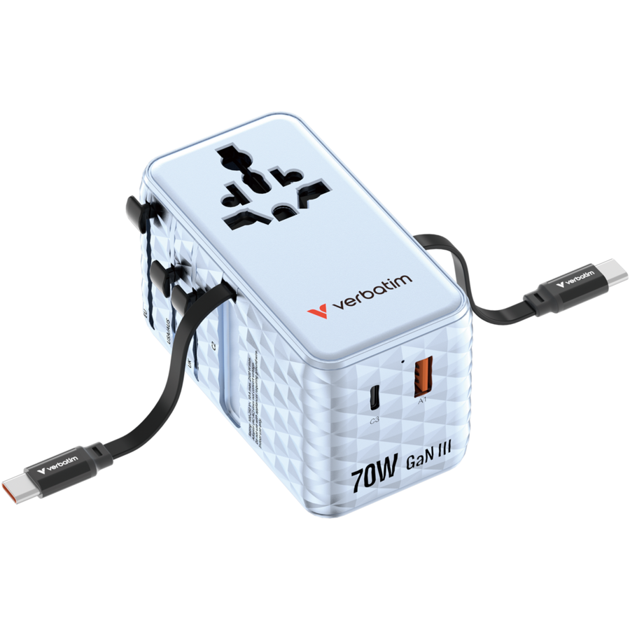 Incarcator Retea Charge 'n' Travel 30187 Tehnologie GaN 1xUSB-C 1xUSB-A 2 Cabluri Retractabile USB-C Putere 70W Albastru