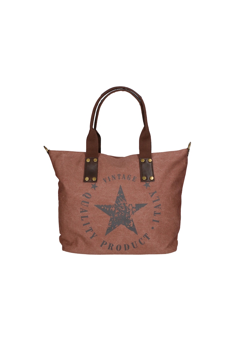 Geanta shopper din material textil cu imprimeu cu stele - Maro inchis
