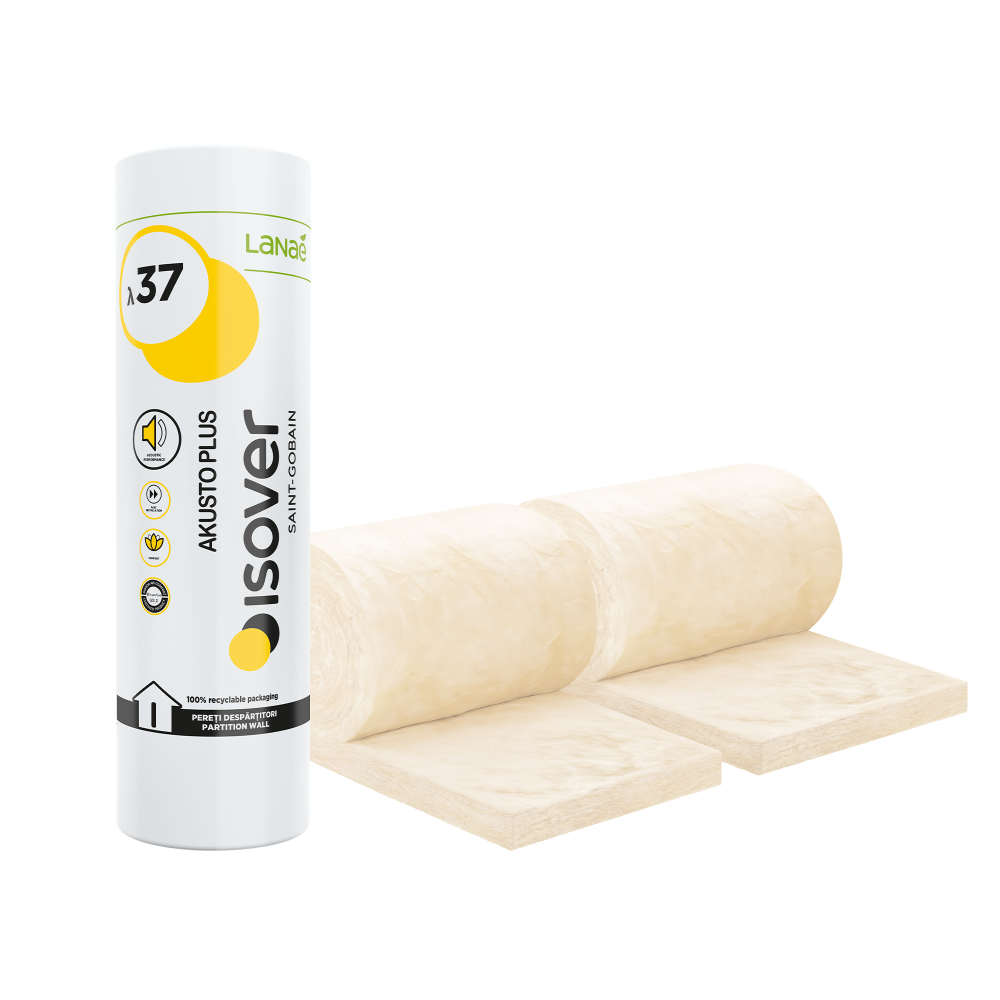 Vata minerala de sticla Isover Akusto Plus, necaserata, 18 m²/pachet, 50 x 7500 x 600 mm