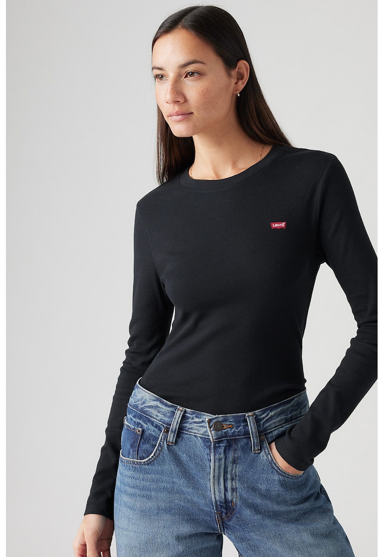 Bluza de bumbac cu decolteu la baza gatului - Negru