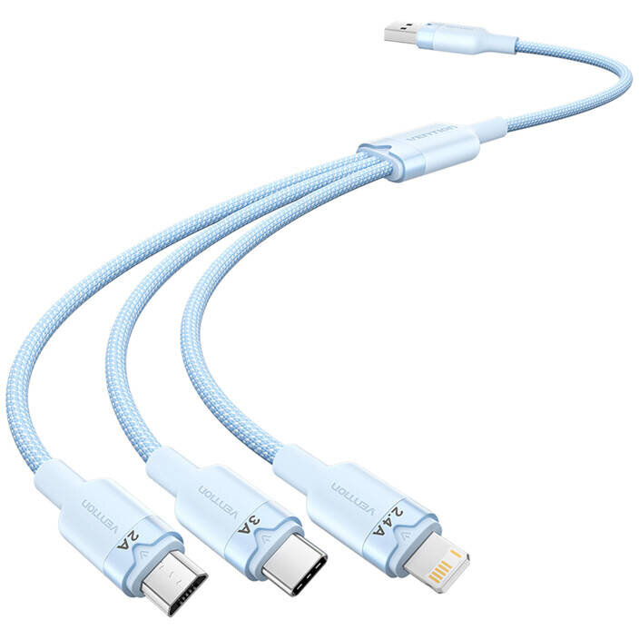 Cablu de date CTPWG, USB la USB-C/Micro-USB/Lightning, 1.5m, Albastru