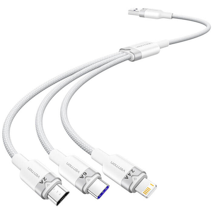 Cablu de date CTRWG, USB la USB-C/Lightning/Micro-USB, 120W, 6A, 1.5m, 480 Mbps, Alb