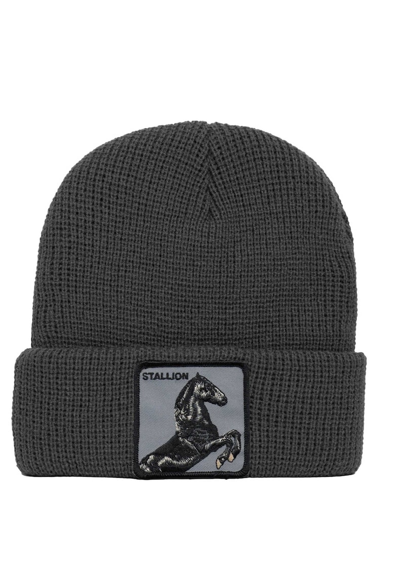 Caciula unisex din tricot fin cu aplicatie - Gri