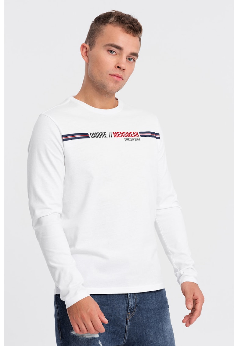 Bluza cu decolteu la baza gatului si imprimeu logo - Rosu/Alb/Bleumarin