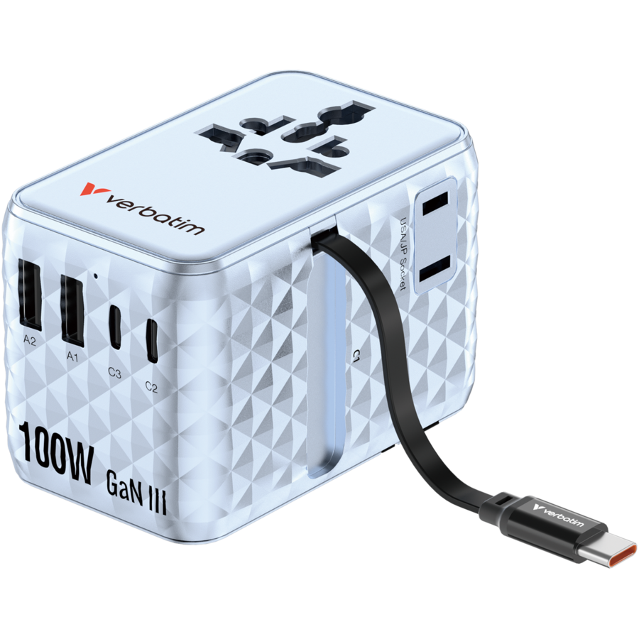 Incarcator Retea Charge 'n' Travel 30192 Tehnologie GaN 2 x USB-C 2 x USB-A Cablu Retractabil USB-C Putere 100W Albastru