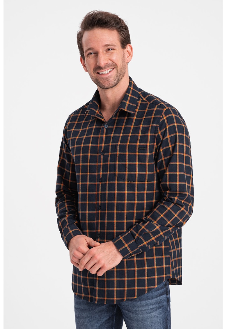 Camasa slim fit in carouri din flanel - Portocaliu/Bleumarin