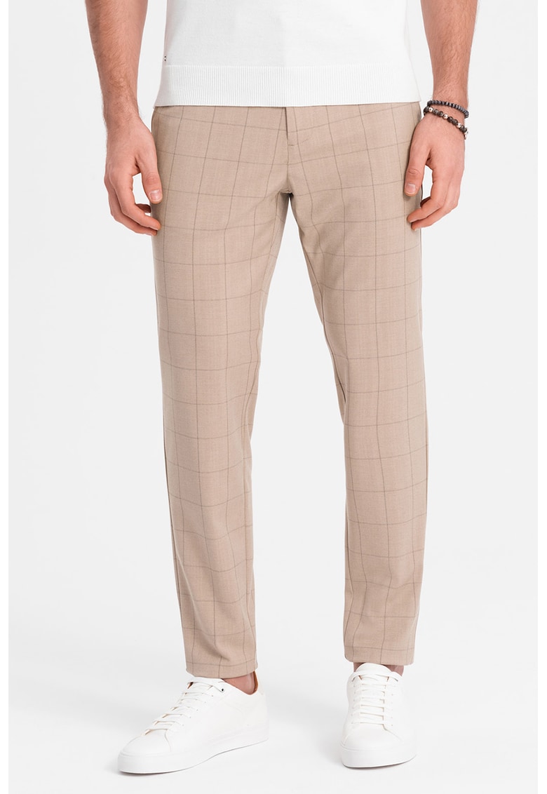 Pantaloni in carouri cu buzunare laterale - Maro nisip
