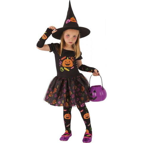 Costum de Carnaval Micuta Vrajitoare Dovlecel Rochie Palarie Ciorapi Maneci Poliester Multicolor