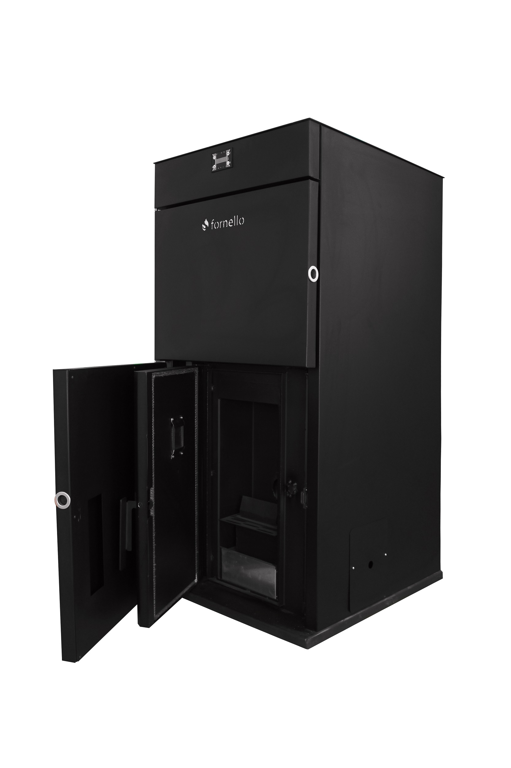 Centrala pe peleti Fornello Pellet King 25 KW echipata cu: pompa de circulatie vas de expansiune supapa de siguranta automatizare telecomanda rezervor pentru peleti tiraj fortat