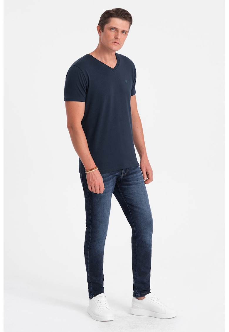 Tricou din amestec de bumbac cu decolteu in V - Bleumarin