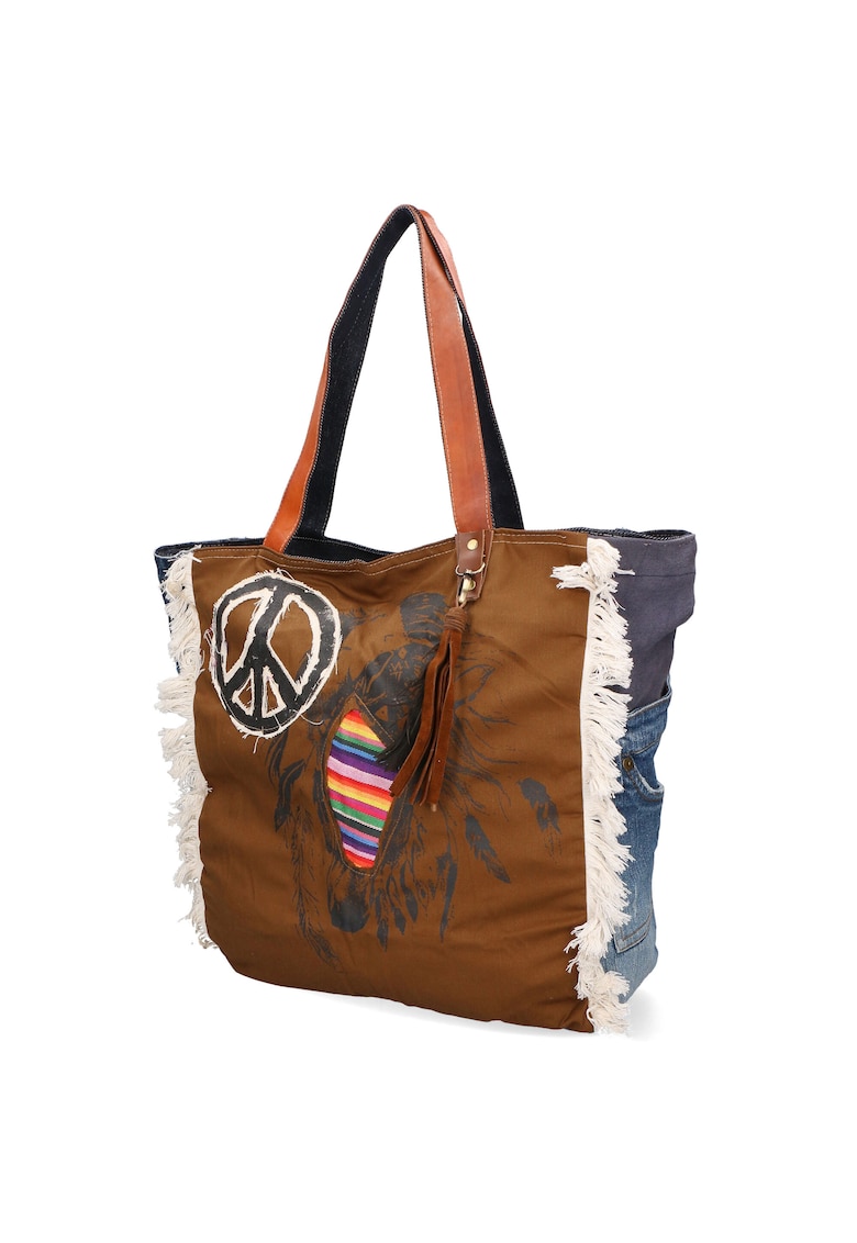Geanta shopper cu detalii de denim - Albastru