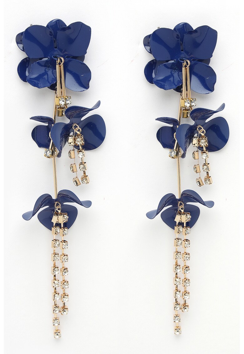 Cercei drop cu design floral si cristale - Auriu/Albastru