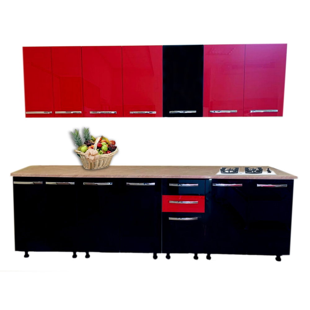 Mobila bucatarie Mobylux Stendhal, MDF si pal melaminat, negru si rosu lucios, blat inclus, lungime 2.6 m
