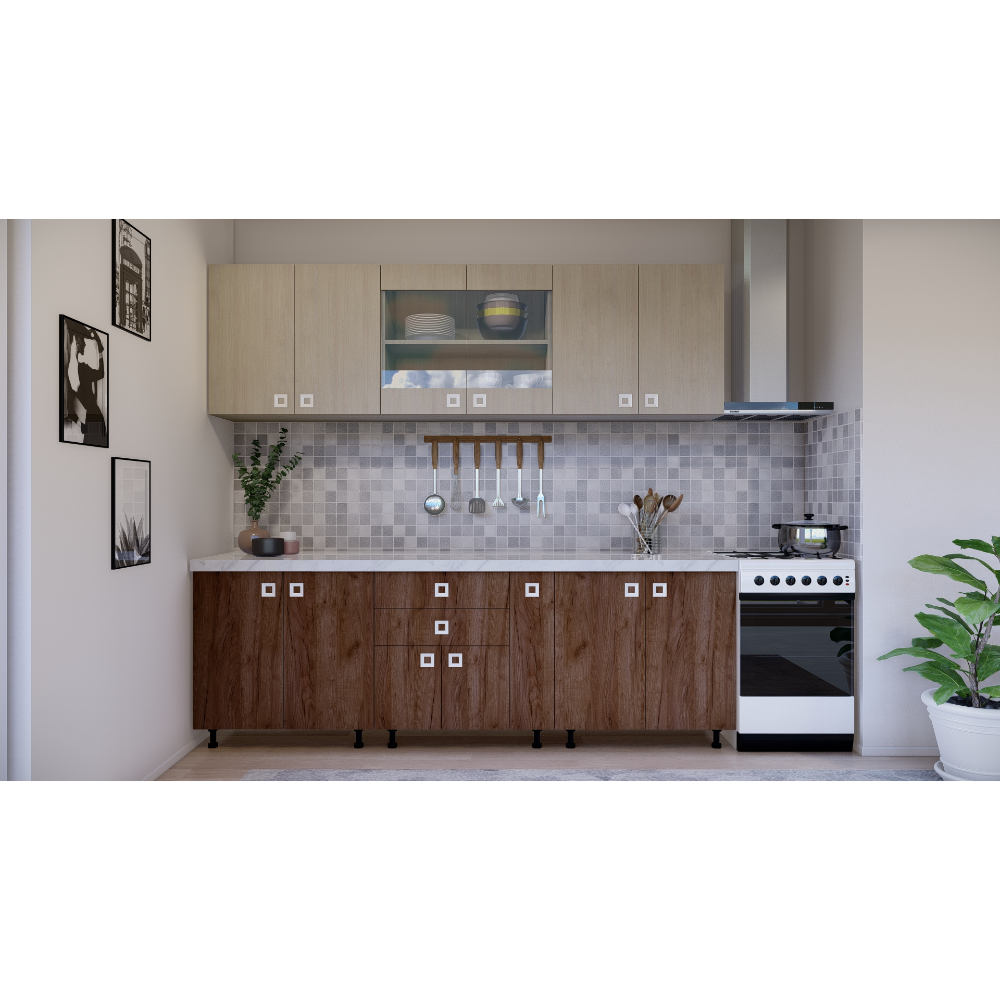 Mobila bucatarie Mobylux Verona, pal melaminat, stejar tabacco si stejar albit, blat inclus, lungime 2.4 m