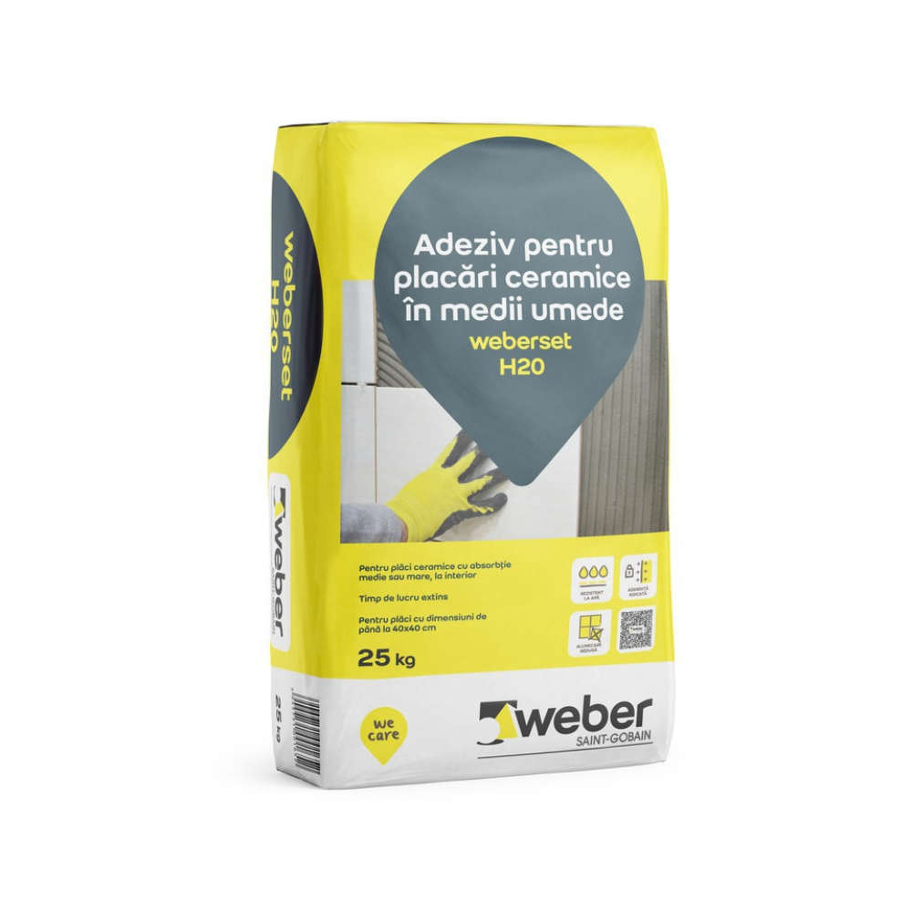 Adeziv pentru placari ceramice, interior/ exterior, Weber weberset H20 max2 25 Kg, gri