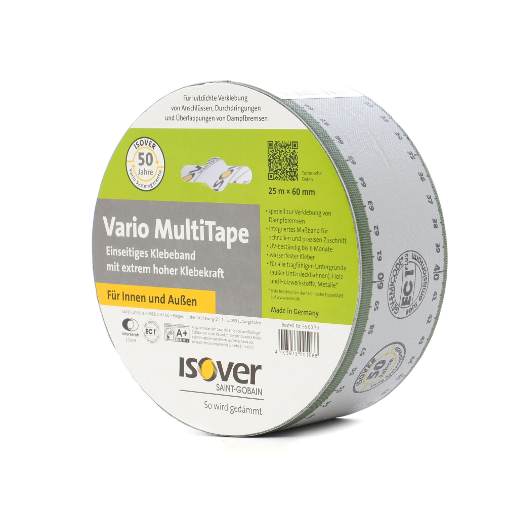 Banda adeziva Isover Vario Multitape, polietilena expandata, ranforsata cu plasa din fibre de sticla, alb, 60 mm, 25 m.