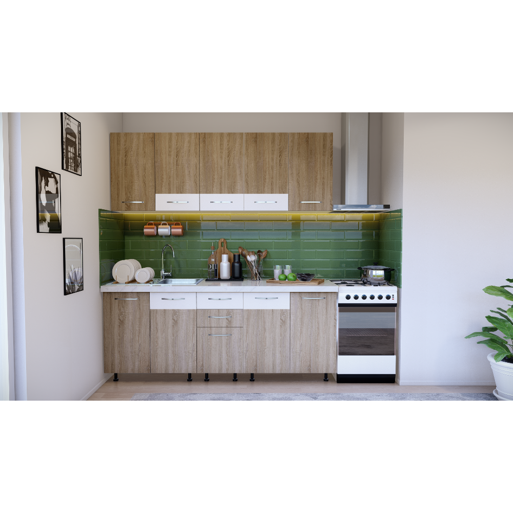 Mobila bucatarie Mobylux Corsica, pal melaminat, stejar sonoma si alb, blat inclus, lungime 2 m