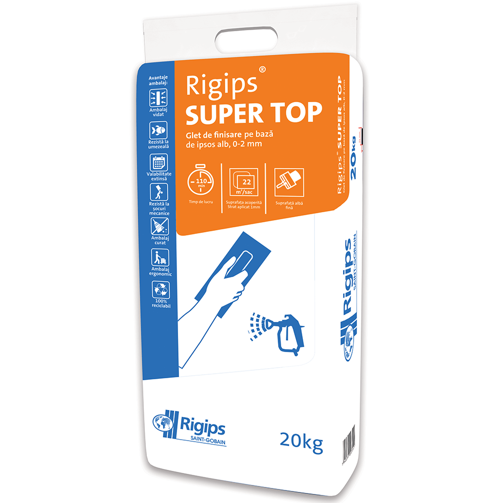 Glet de finisare pe baza de ipsos Rigips Super Top, interior, alb, 20 kg