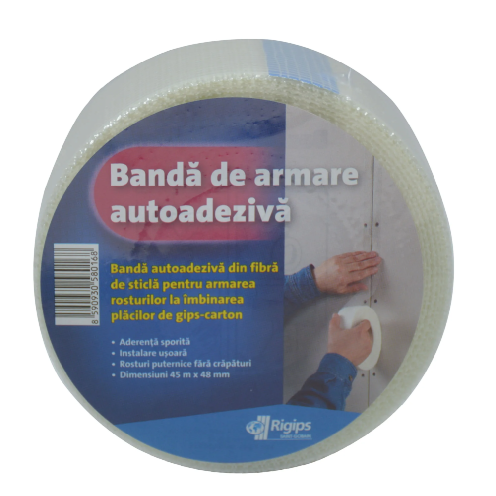 Banda autoadeziva Rigips, pentru armarea rosturilor dintre placile de gips carton, fibra de sticla, 48 mm x 45 m