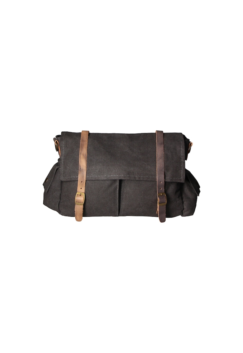 Geanta crossbody unisex cu garnituri de piele - Negru