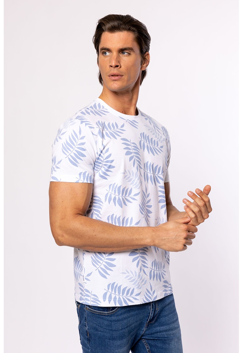 Tricou cu decolteu la baza gatului si imprimeu vegetal - Albastru pastel/Alb optic