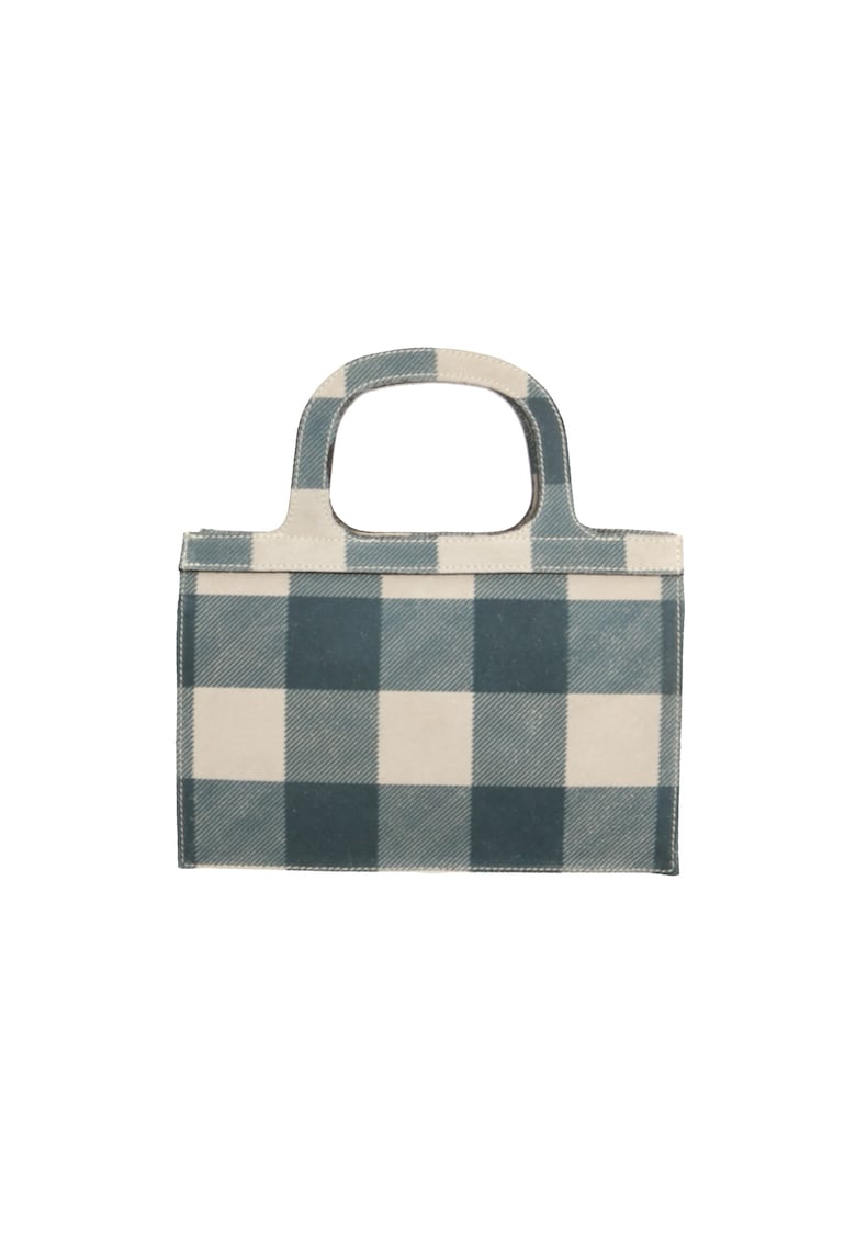 Geanta crossbody de piele intoarsa in carouri - Alb fildes/Albastru prafuit