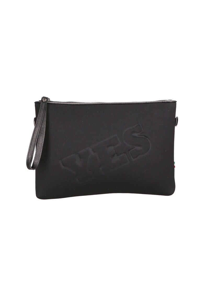 Geanta crossbody cu fermoar si text in relief - Alb/Negru