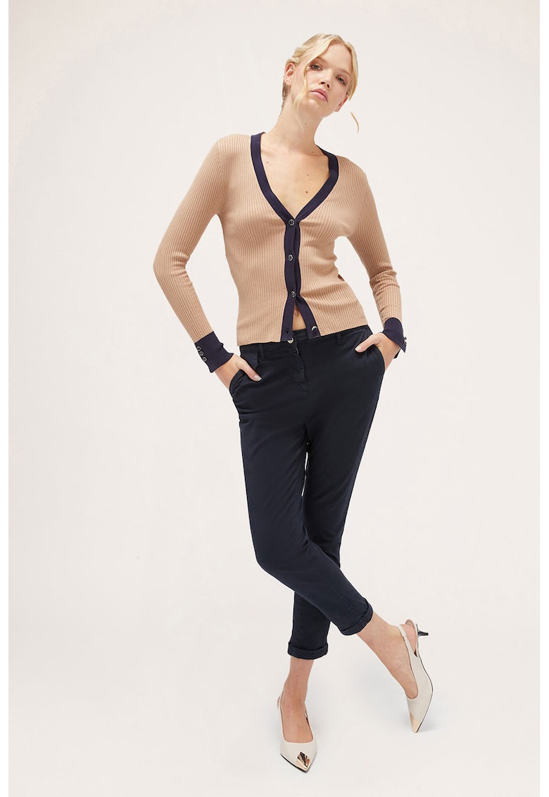 Cardigan tricotat fin cu decolteu in V - Negru/Bej