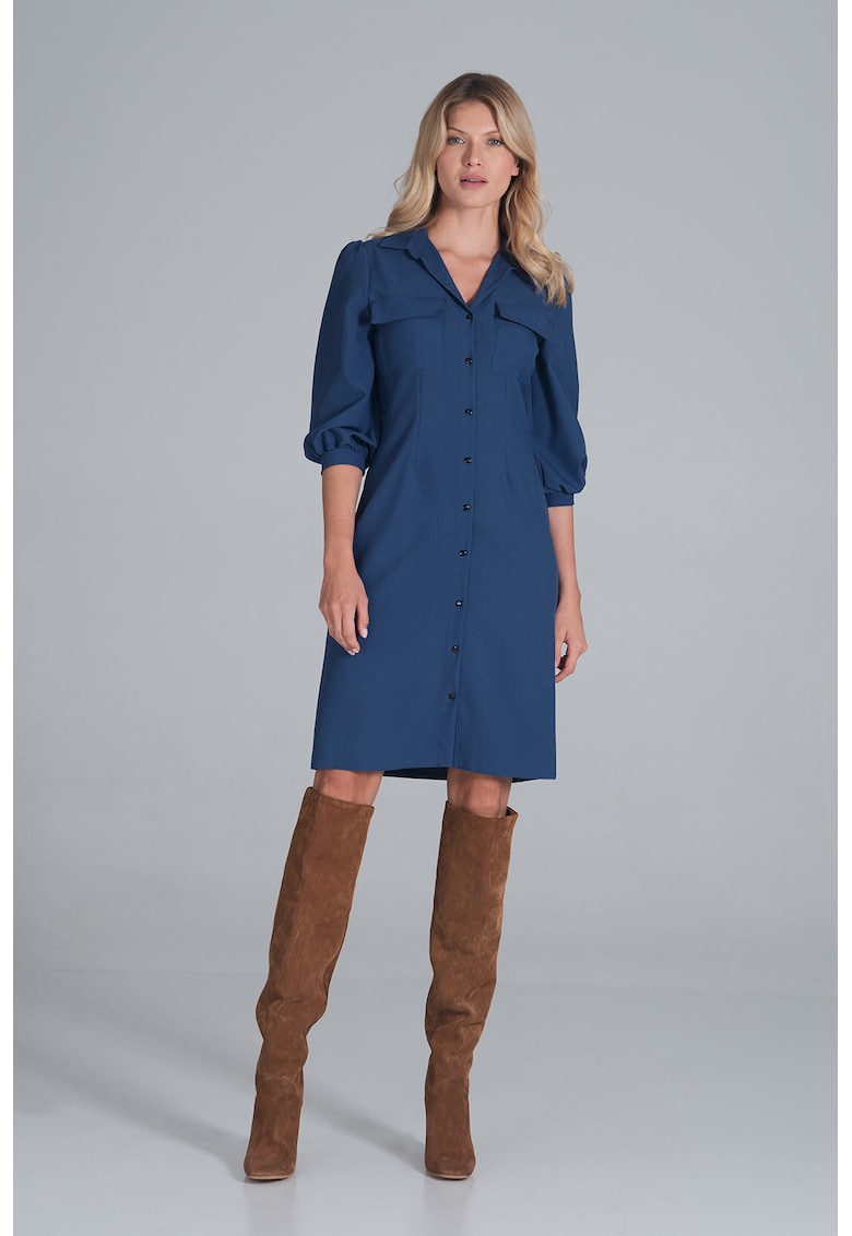 Rochie camasa  M849 - maneci bufante - albastru - poliester 100% -
