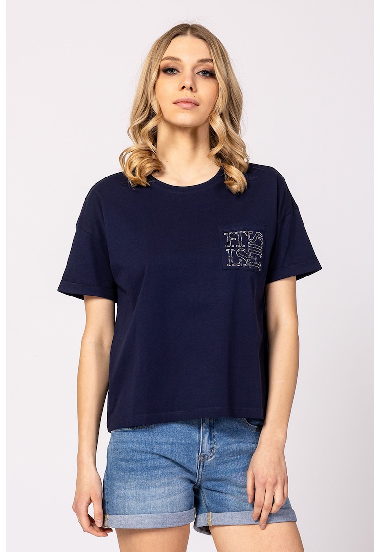 Tricou cu decolteu rotund si logo de strasuri Mirin - Bleumarin