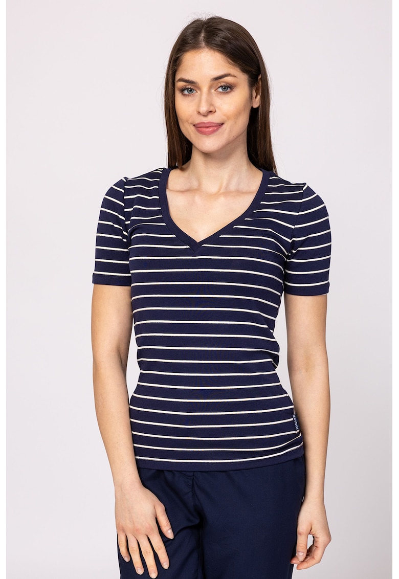 Tricou din amestec de modal cu decolteu in V si model in dungi Mistry - Alb/Bleumarin