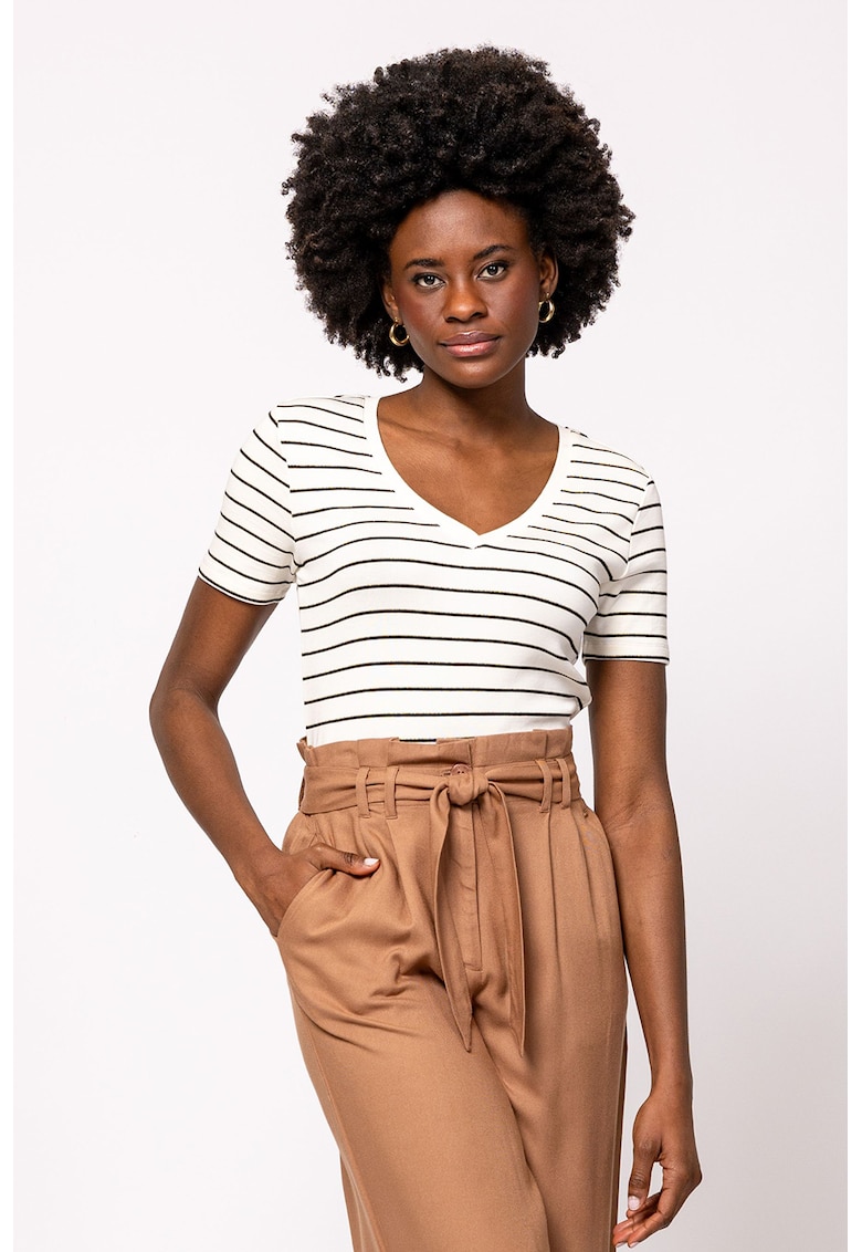 Tricou din amestec de modal cu decolteu in V si model in dungi Mistry - Negru/Alb murdar